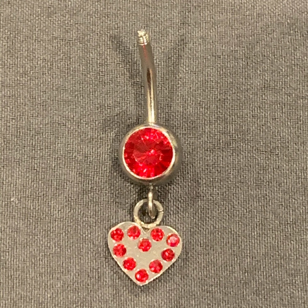 Belly Button Ring Red Rhinestone & hanging heart